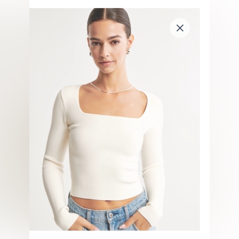 Abercrombie & Fitch Cream Ribbed Square-Neck Long Sleeve Top